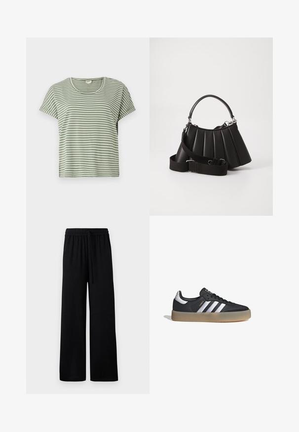 Camiseta de rayas verdes, de manga corta, con escote redondeado, hecha de tela suave. Presenta rayas alternas en blanco y verde.; Pantalones anchos negros con cintura elástica y cordón ajustable. Tejido suave sin patrones ni acentos visibles.; Zapatilla deportiva de cuero negro con tres rayas plateadas, punta texturizada y suela de goma. Cuenta con un collar acolchado y un diseño con cordones.; Bolso de mano negro con pliegues, manejo redondeado, correa ajustable y textura brillante. Presenta herrajes plateados y una silueta estructurada.