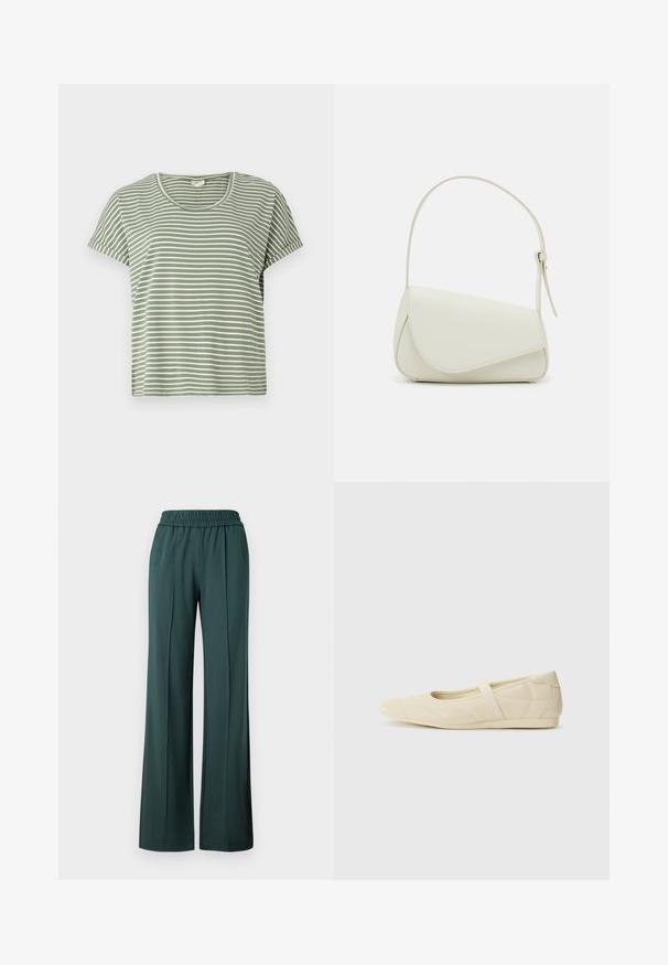 T-shirt vert à rayures, manches courtes, col rond, fabriqué en tissu doux. Présente des rayures blanches et vertes alternées.; Pantalons à jambes larges en tissu vert foncé, dotés d'une taille élastique et de plis frontaux, avec une texture lisse et sans éléments matériels visibles.; Ballerines beiges avec une exterior en cuir lisse, un bout en forme d'amande et une sangle élastique sur le coup de pied, avec des détails de couture subtils.; Sac à main en cuir synthétique blanc avec une forme triangulaire structurée, une bandoulière unique réglable et un rabat à courbes accentuées.