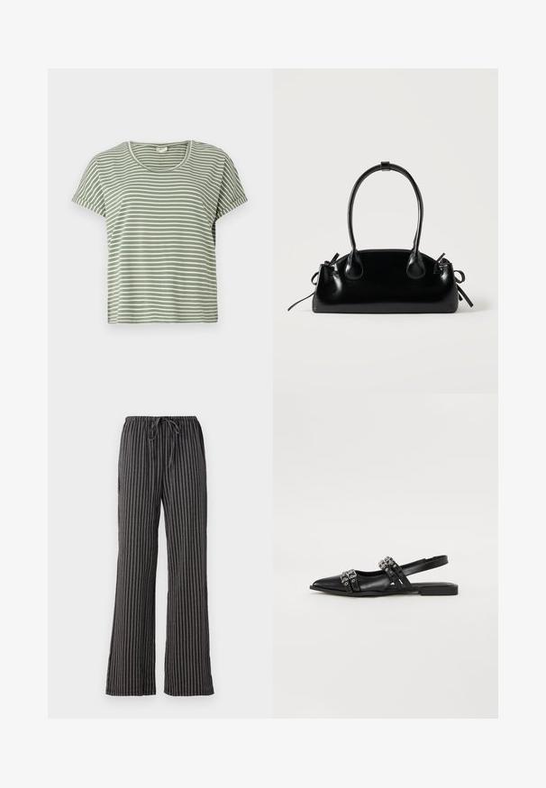 Camiseta de rayas verdes, de manga corta, con escote redondeado, hecha de tela suave. Presenta rayas alternas en blanco y verde.; Pantalones de pijama a rayas en blanco y negro, con cintura ajustable, piernas anchas y un tejido suave y texturizado con líneas verticales.; Even&Odd by Zalando Bailarinas con tira trasera - black; Pequeño bolso negro brillante con dos asas largas y detalles de cordón lateral sobre un fondo claro liso.