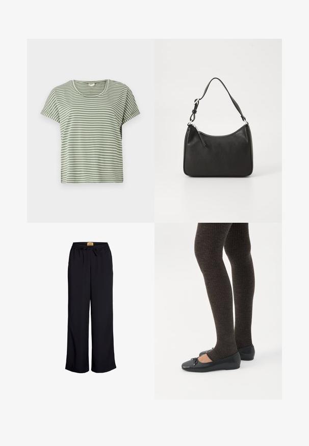 Camiseta de rayas verdes, de manga corta, con escote redondeado, hecha de tela suave. Presenta rayas alternas en blanco y verde.; Pantalones de pierna ancha negros con cintura elástica y cordón. Fabricados en un tejido suave sin patrones ni acentos visibles.; Piernas con leggings oscuros acanalados combinados con bailarinas negras que presentan pequeños detalles de lazo sobre un fondo blanco.; Bolso de mano de cuero negro con forma curvada, una sola correa, cierre de cremallera y marcas sutiles en la parte frontal. Textura suave, diseño minimalista.
