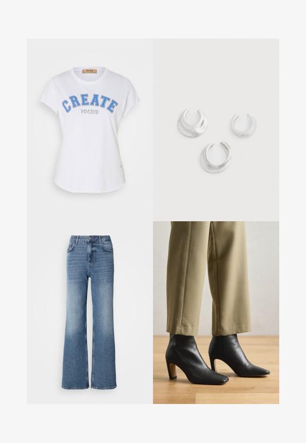 Λευκό βαμβακερό T-shirt με στρογγυλή λαιμόκοψη, κοντά μανίκια και μπλε γραφικό κείμενο "CREATE" με "MIM 2010" από κάτω. Λεπτομέρεια καμπυλωτής στριφώματος.; Mos Mosh MAI - Straight leg jeans - blue wash; Μαύρα δερμάτινα μποτάκια μέχρι τον αστράγαλο με ανοικτή μύτη, τετράγωνο τακούνι και λεία υφή, συνδυασμένα με μπεζ κομμένα παντελόνια.; Τρία ασημένια σκουλαρίκια ανοιχτού βρόχου με λεία, στρογγυλεμένα σχέδια σε απλή ανοιχτή φόντο, τοποθετημένα σε τριγωνικό μοτίβο.