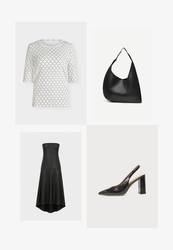 Haut blanc à manches courtes avec un motif de maillons de chaîne noirs formant des losanges sur l’ensemble du tissu et un col rond.; Robe bustier noire en simili cuir avec corsage ajusté et jupe évasée, présentant des détails de coutures et un ourlet dégradé.; Chaussure slingback en cuir noir à bout pointu avec un talon bloc haut et une doublure intérieure beige sur un fond clair uni.; Sac à épaule en cuir noir avec forme triangulaire incurvée, une seule sangle ajustable, et une couture diagonale visible à l'avant.