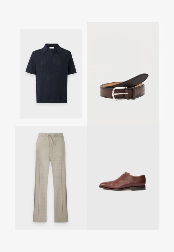 Polo en maille bleu marine à manches courtes avec un motif côtelé vertical texturé et un col décontracté, présenté sur un fond uni.; Pantalon beige en mélange de lin avec fines rayures blanches discrètes, taille à cordon et jambes droites.; Chaussure de ville Oxford en cuir brun avec bout amovible, lacets fermés et petit talon empilé sur fond blanc.; Ceinture en cuir marron foncé roulée avec une boucle rectangulaire argentée sur fond blanc.
