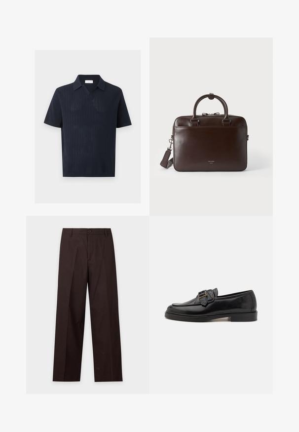 Polo en maille bleu marine à manches courtes avec un motif côtelé vertical texturé et un col décontracté, présenté sur un fond uni.; Pantalon droit marron foncé avec passants de ceinture, fermeture par bouton et pli sur le devant, présenté sur fond blanc.; Mocassins en cuir noir avec un bout arrondi et une boucle décorative. Talon plat, solide et texture lisse sur l'ensemble.; Serviette en cuir brun foncé avec deux poignées, une bandoulière détachable et un petit logo à l'avant sur un fond uni.