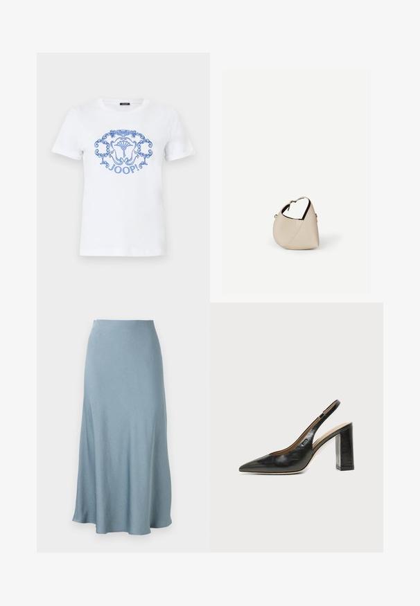 T-shirt blanc à manches courtes avec un emblème floral orné bleu et le mot « JOOP ! » imprimé au centre à l'avant.; Jupe en satin bleu clair, longueur cheville, légèrement évasée avec une taille haute, présentée sur un fond blanc uni.; Chaussure slingback en cuir noir à bout pointu avec un talon bloc haut et une doublure intérieure beige sur un fond clair uni.; Sac à main en cuir beige en forme de croissant avec une seule bandoulière et des coutures minimalistes, posé sur un fond blanc uni.