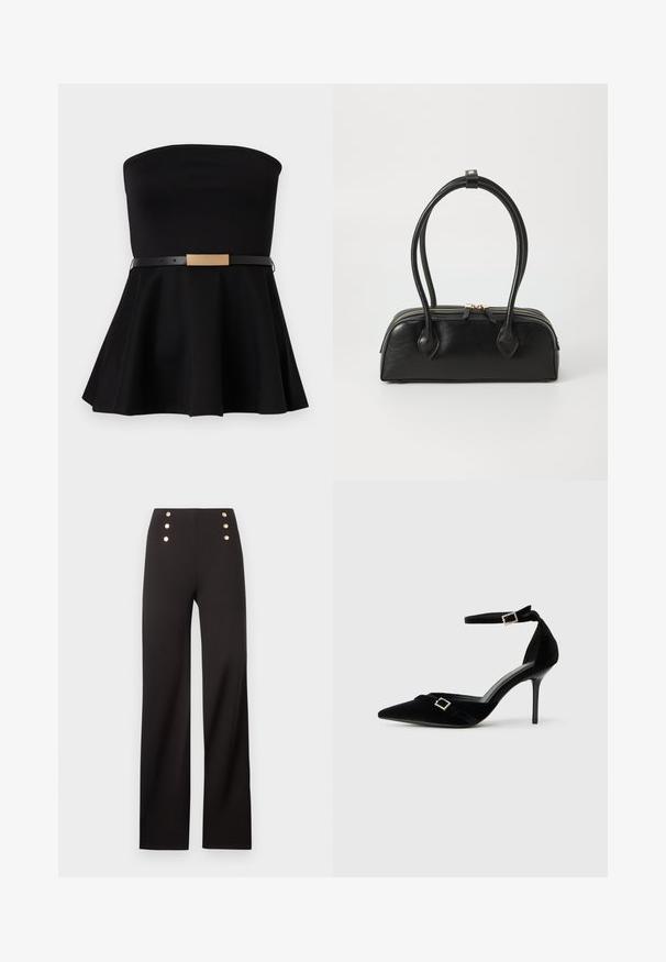 Robe noire sans bretelles avec une jupe évasée et une fine ceinture noire ornée d'une boucle rectangulaire en or à la taille.; Pantalon noir taille haute à jambes larges avec six boutons décoratifs dorés disposés en deux rangées verticales près de la taille.; Chaussure à talon haut en velours noir avec un bout pointu, une sangle de cheville ornée d'une boucle et un talon aiguille lisse et brillant.; Sac à main en cuir noir avec deux anses allongées, fermeture éclair et forme arrondie ; texture lisse avec une finition légèrement brillante.