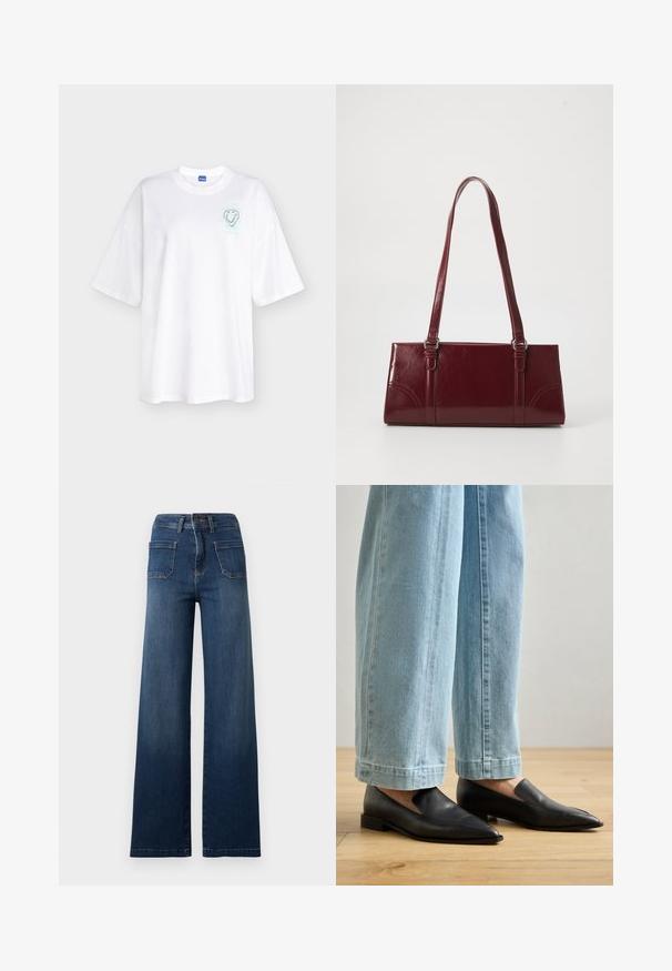 T-shirt blanc à manches courtes avec col rond et petit graphique pastel sur le côté gauche de la poitrine montrant un visage souriant et les mots « Future », « Home » et « Love ».; Jean bleu taille haute à jambes larges avec poches plaquées à l'avant, fermeture par bouton et zip, et passants pour ceinture sur un fond uni.; Chaussures en cuir noir à bout pointu et à enfilage, associées à un jean large bleu clair, sur un sol en bois.; Sac à main bordeaux en matériau brillant, de forme rectangulaire, avec deux anses et des accents légèrement courbés à l'avant.