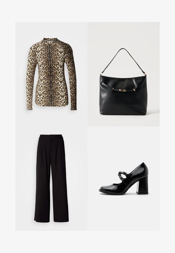 Langærmet top i leopardmønster, der har et design i beige og brune nuancer med en tætsiddende pasform og rund halsudskæring. Glat tekstur.; Sorte bukser med vid benvidde lavet af glat stof, med folder foran, en tætsiddende talje og uden synlige mønstre eller detaljer.; Sort lakeret Mary Jane-sko med to spænder og en kraftig mellemhøj hæl, vist i sideprofil på en ensfarvet baggrund.; Sort skuldertaske i læder med en enkel strop og en lille guldlåsdetalje foran mod en ensfarvet lys baggrund.