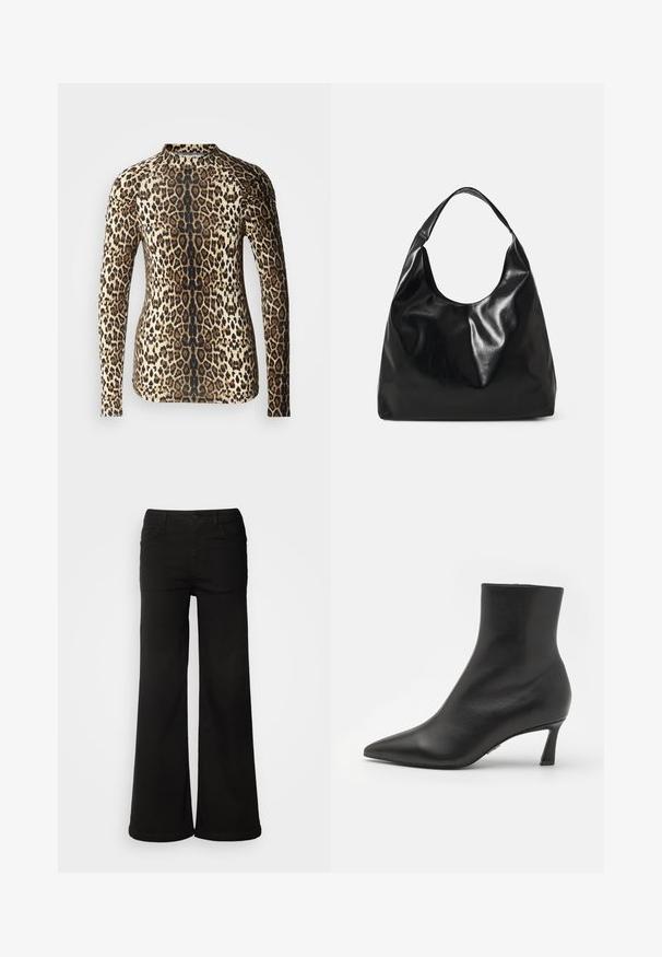 Langærmet top i leopardmønster, der har et design i beige og brune nuancer med en tætsiddende pasform og rund halsudskæring. Glat tekstur.; Sorte brede bukser lavet af denimstof, med frontlommer, knaplukning og en glat tekstur med en ren finish.; Steve Madden LULAH - Ankelstøvler - black; Sort læder hobo taske med en blød, skinnende tekstur og en rund, åben top. Har en bred, buet strop til bæring. Ingen synlig hardware.