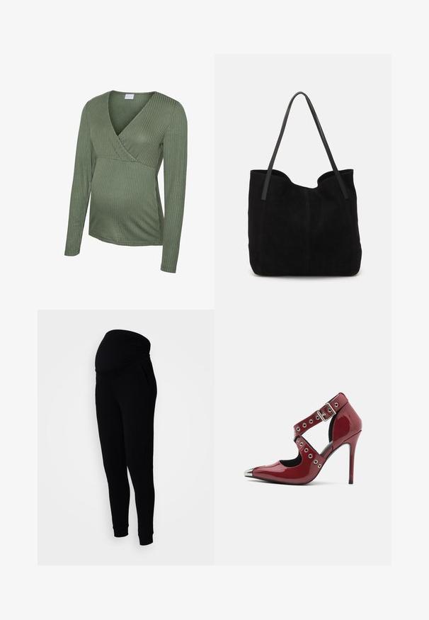 Top de maternidad verde de manga larga con diseño cruzado, textura suave y forma ajustada, adecuado para acomodar una barriga en crecimiento.; Pantalones de maternidad negros con una cinturilla elástica y fruncida, bolsillos laterales y tobillos ajustados, fabricados con una tela suave y flexible.; Zapato de tacón alto de charol rojo con diseño cortado, ojales circulares plateados y punta afilada, que cuenta con un acento metálico en la punta.; Bolso de mano de ante negro con dos correas de cuero largas y planas. Presenta un borde superior curvado y costuras visibles en la parte frontal. Sin acentos de metal.