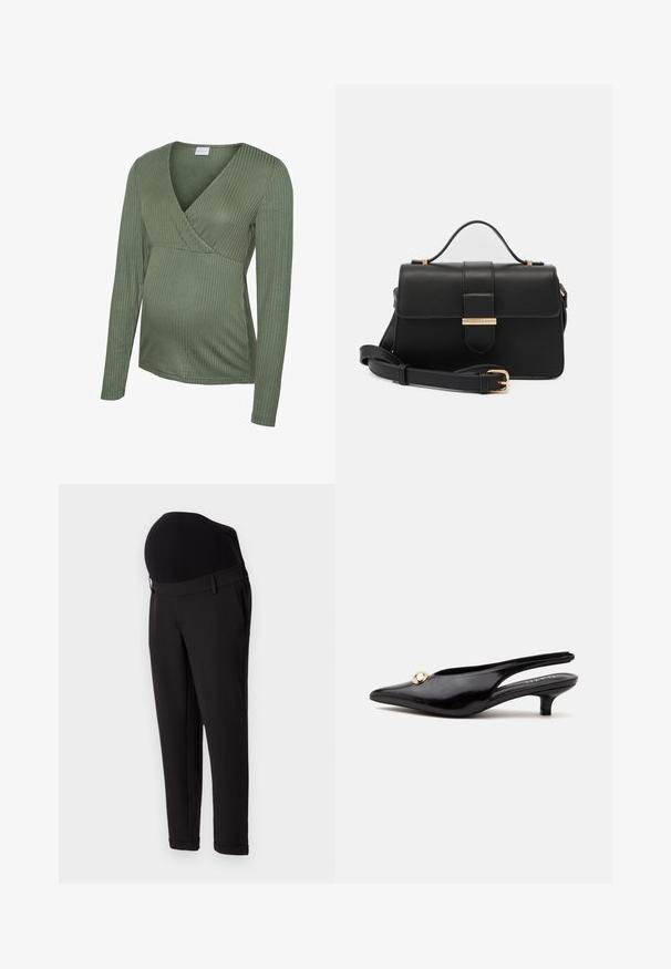 Top de maternidad verde de manga larga con diseño cruzado, textura suave y forma ajustada, adecuado para acomodar una barriga en crecimiento.; Pantalones de maternidad negros con una cintura alta y elástica y un diseño de pierna ajustada. La tela tiene una textura suave con un ligero brillo.; Zapato negro de charol con tacón bajo tipo kitten, puntera puntiaguda y un pequeño adorno redondo dorado en la parte superior.; Bolso de mano de cuero negro con acentos metálicos dorados, forma rectangular, cierre con solapa, correa de hombro ajustable, textura suave, diseño minimalista.