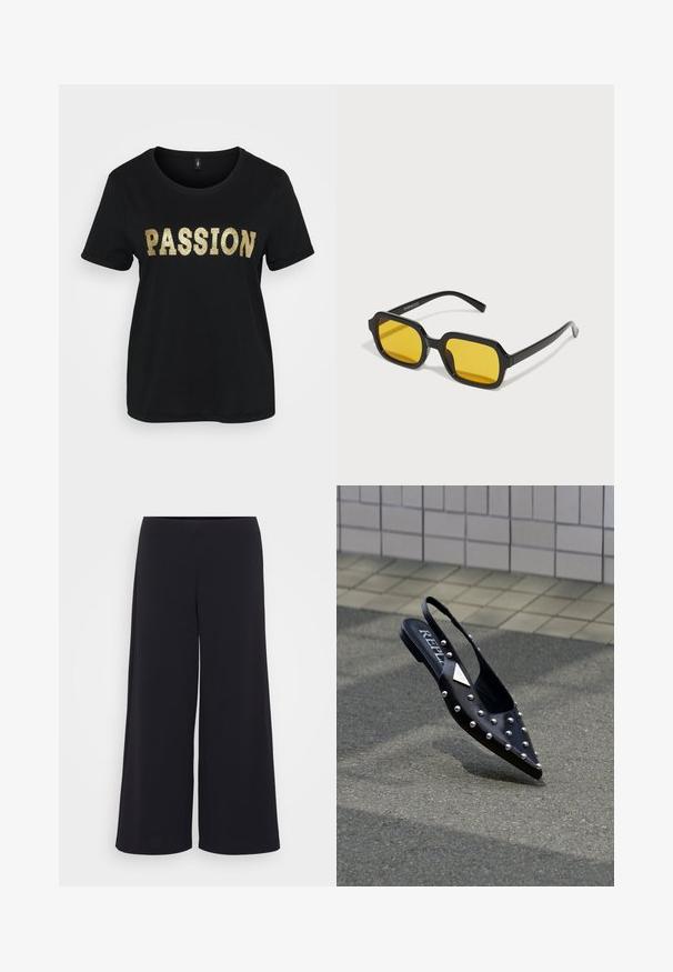 Camiseta de algodón negra con mangas cortas, que presenta la palabra "PASSION" en glitter dorado. Cuello redondo, corte relajado.; Pantalones anchos negros hechos de una tela suave, con una cinturilla alta y una silueta fluida, con un diseño limpio y sin adornos.; Zapato slingback negro con punta, hecho de material liso, con tachuelas plateadas, suela plana y un logo en la plantilla.; Gafas de sol negras rectangulares con lentes amarillos. Presentan montura gruesa y un diseño angular con un acabado liso y brillante.