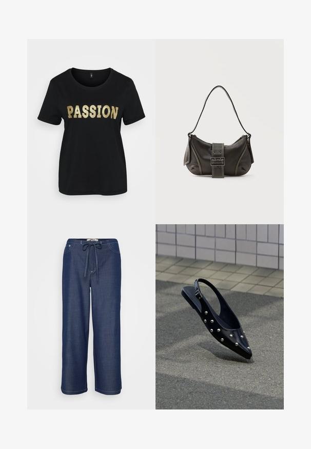 Camiseta de algodón negra con mangas cortas, que presenta la palabra "PASSION" en glitter dorado. Cuello redondo, corte relajado.; Pantalones de pernera ancha de color azul oscuro con cintura con cordón, bolsillos frontales y costuras blancas visibles.; Zapato slingback negro puntiagudo con tachuelas plateadas, flotando sobre el asfalto cerca de una pared con azulejos de fondo.; Bolso de hombro de cuero negro con detalle de correa con hebilla, bordes curvos y costuras blancas en contraste sobre un fondo liso.