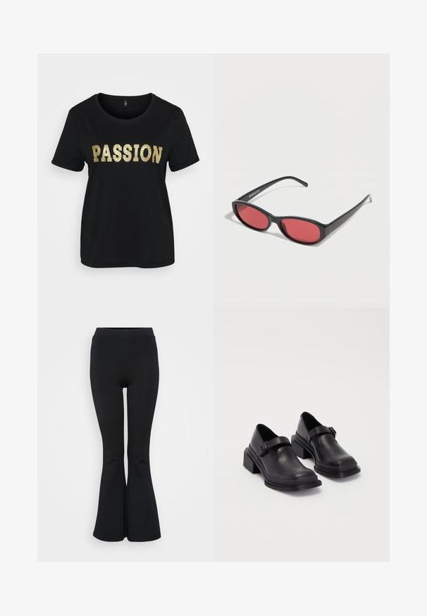 Camiseta de algodón negra con mangas cortas, que presenta la palabra "PASSION" en glitter dorado. Cuello redondo, corte relajado.; Leggings acampanados negros hechos de material elástico. Presentan una cinturilla alta y una textura suave. Terminan en un dobladillo acampanado.; Zapatos de cuero negros con punta redondeada, suela plana y una correa con detalle de hebilla. Tacón cuadrado grueso para mayor estabilidad.; Gafas de sol ovaladas negras con varillas delgadas y lentes tintados de rojo descansando sobre una superficie blanca.