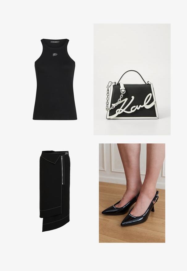 Sort ribbet tanktop med en rund udskæring og smalle stropper. Har et lille hvidt logo på brystet.; Sort midi-nederdel med bred krave, der har en sidelukning med lynlås, hvide sy-accenter og et asymmetrisk kantdesign. Glat tekstur.; Sorte laklæder stiletter med spids tå og KARL LAGERFELD mærket rem, båret på fødder, der står på trægulv.; Sort læderhåndtaske med hvide accenter. Har kædstrap, struktureret form og fremtrædende hvidt logo detaljer. Glat tekstur.