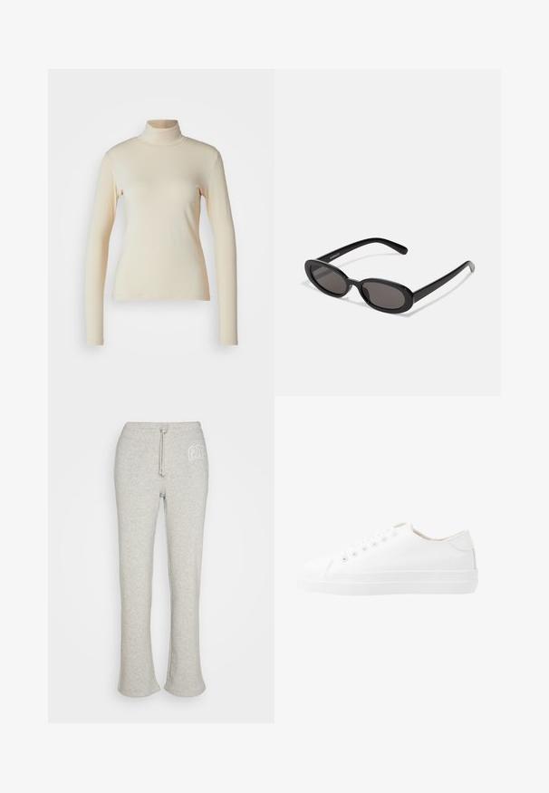Top de manga larga de color crema con cuello alto, hecho de una tela suave y elástica; diseño ajustado con cuello alto y sin patrones o acentos visibles.; GAP HERITAGE - Pantalones deportivos - heather grey; Zapatillas de lona blancas con un diseño de corte bajo, puntera redonda, seis ojetes y suela de goma texturizada. Material suave con acentos mínimos.; Even&Odd Gafas de sol - black