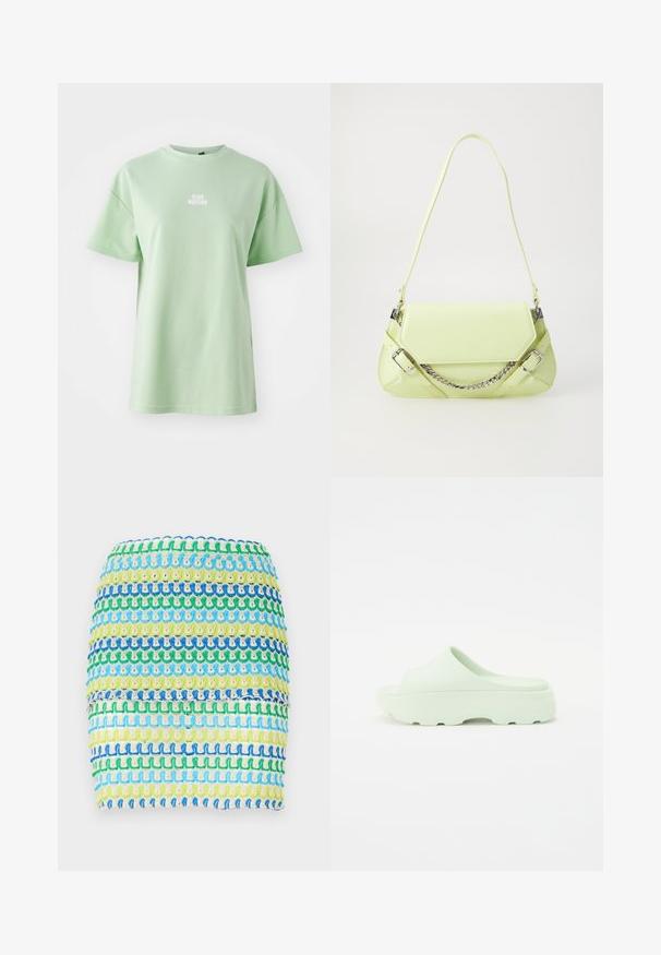 Camiseta de manga corta en verde menta hecha de tela suave, con el texto "CLUB MATCHA" en blanco en la parte frontal. Diseño clásico de cuello redondo.; Minifalda de tejido con rayas horizontales en azul, verde y amarillo. El diseño tiene una apariencia texturizada y tejida con un efecto en capas.; Sandalias de deslizamiento en verde menta con una superficie lisa y mate, y una suela robusta que presenta un patrón texturizado para mayor agarre.; Bolso de mano sintético verde lima con textura suave, correa de cadena desmontable y hebillas decorativas; forma rectangular con lados cónicos.