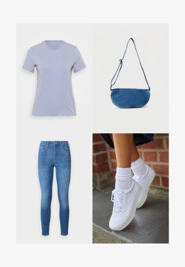 Lyslilla kortærmet t-shirt med rund hals, lavet af blødt stof, der har en glat overflade og ingen synlige mønstre eller detaljer.; Smaljeans i mellemblå denim med høj talje, fem lommer, let slidmærkning og en enkelt knaplukning i taljen.; Hvide lærreds sneakers med gummisåler, der har seks snørehuller, rund tå og let sømdetaljer, krydret med hvide ankelstrømper.; Blå denim crossbody taske med justerbar rem og lille metallisk logo foran, vist mod hvid baggrund.