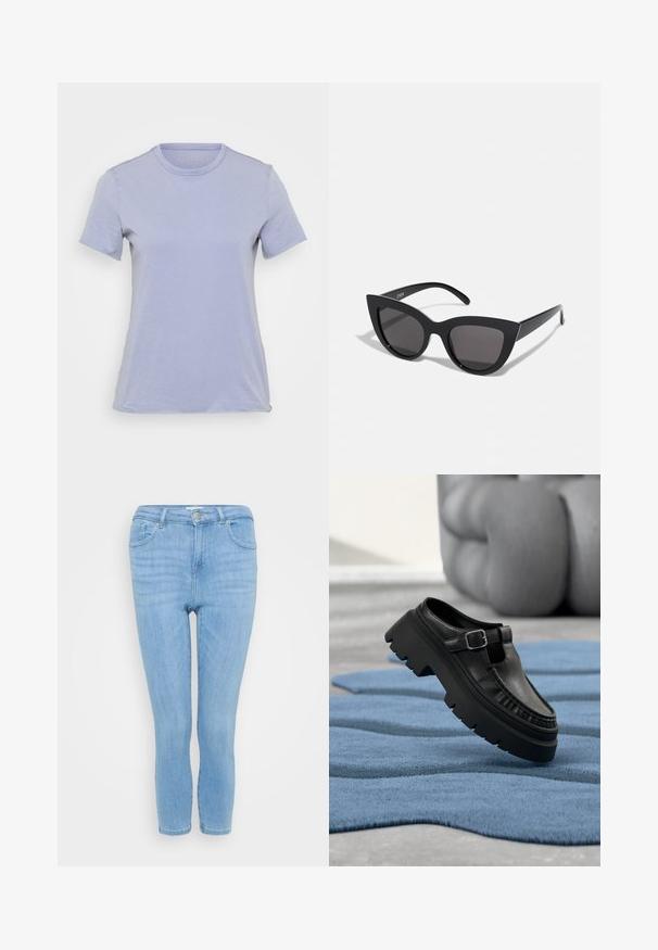 Lyslilla kortærmet t-shirt med rund hals, lavet af blødt stof, der har en glat overflade og ingen synlige mønstre eller detaljer.; Lyseblå denim jeans med slim fit, fem-lomme design, mellem høj talje og let forkortet ankel længde.; Sort læderloafer med chunky profil sål og sølvspænde, placeret i en vinkel på et struktureret blåt tæppe.; Sorte cat-eye solbriller med mat finish, der har grå tonede linser, skarpe vinkler og slanke sidearme. Mærkenavnet er synligt på den indre arm.