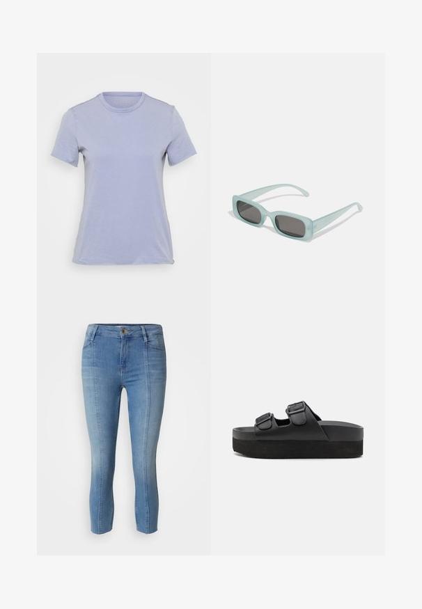 Camiseta de manga corta de color púrpura claro con cuello redondo, fabricada en un tejido suave, que presenta una textura lisa y sin patrones ni acentos visibles.; Jeans de mezclilla en azul claro con un diseño ajustado, que cuentan con una cintura alta, cierre de botón en la parte frontal y detalles de costura sutiles a lo largo de los lados.; Sandalias de plataforma negras hechas de material suave, con dos correas ajustables con hebillas y una suela texturizada para mayor agarre.; Un par de gafas de sol rectangulares con montura translucida azul clara y lentes gris oscuro, que cuentan con patillas rectas y detalles de hardware mínimos.