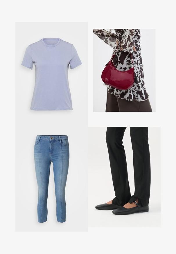 Lyslilla kortærmet t-shirt med rund hals, lavet af blødt stof, der har en glat overflade og ingen synlige mønstre eller detaljer.; Lysblå denimjeans med en tætsiddende pasform, der har høj talje, frontknaplukning og diskrete syninger langs siderne.; Ben iført sorte smalle bukser med forreste slidser ved kanten, parret med sorte flade Mary Jane-sko med lille spænde.; Kvinde iført en sort- og hvidmønstret bluse, der holder en blank rød skuldertaske mod en ensfarvet baggrund.