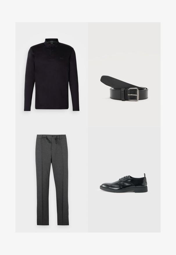 Zwarte poloshirt met lange mouwen van zacht materiaal, met een drie-knopsluiting, kraag en een subtiele "BOSS" logo aan de voorkant.; Donkere grijze broek met rechte pijpen, voorplooien, knoopsluiting en zwarte trekkoordjes in de taille, tegen een witte achtergrond.; Glanzende zwarte lederen nette schoen met lage hak, vetersluiting en ronde neus, van opzij getoond tegen een effen lichte achtergrond.; Zwarte leren riem opgerold met een zilverkleurige rechthoekige metalen gesp op een effen lichte achtergrond.