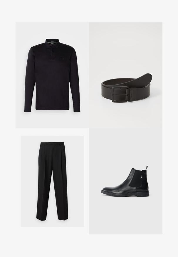 Zwarte poloshirt met lange mouwen van zacht materiaal, met een drie-knopsluiting, kraag en een subtiele "BOSS" logo aan de voorkant.; Zwarte op maat gemaakte broek met rechte pijpen, plooien in de taille, riemlussen en zijzakken met een split, getoond op een effen achtergrond.; Zwarte leren Chelsea-boots met elastische zijpanelen, een treklipje en een vlakke rubberen zool. Gladde textuur met minimale details.; Zwarte leren riem met een rechthoekige metalen gesp met matte afwerking. Gladde textuur en eenvoudig ontwerp. Lengte verstelbaar.