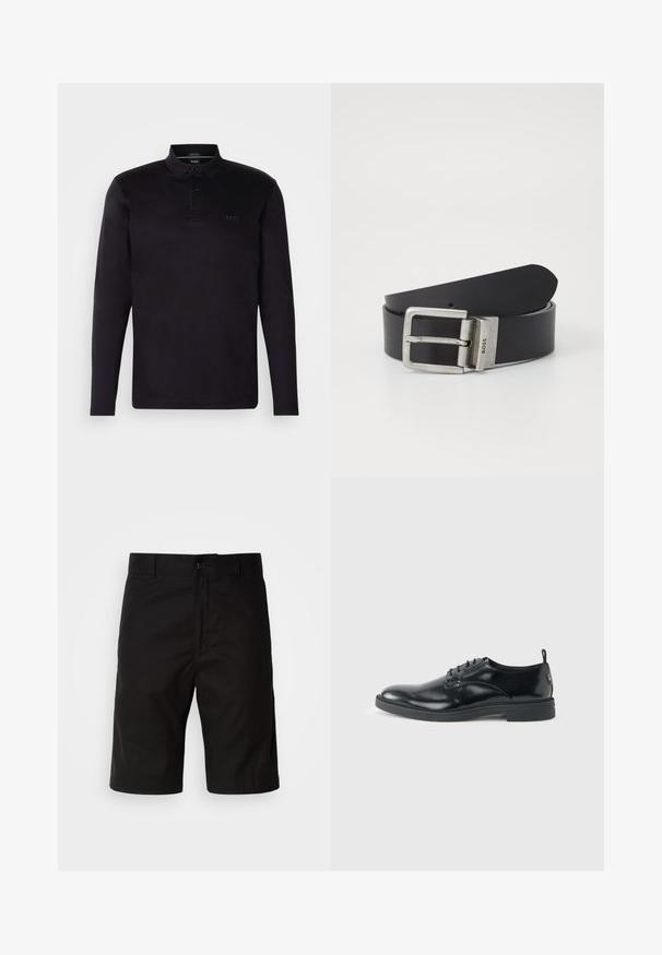 Camisa polo negra de manga larga hecha de material suave, con una paleta de tres botones, cuello y un sutil logo de "BOSS" en la parte frontal.; Pantalones cortos negros de tela sólida, con corte recto, cierre de botón y una textura suave sin patrones visibles.; Zapato de vestir negro de cuero brillante con tacón bajo, cierre de cordones y puntera redonda, mostrado de lado sobre un fondo claro y liso.; Cinturón de cuero negro con una hebilla rectangular de metal plateado. La hebilla presenta el nombre de la marca "BOSS". Textura suave con líneas limpias.