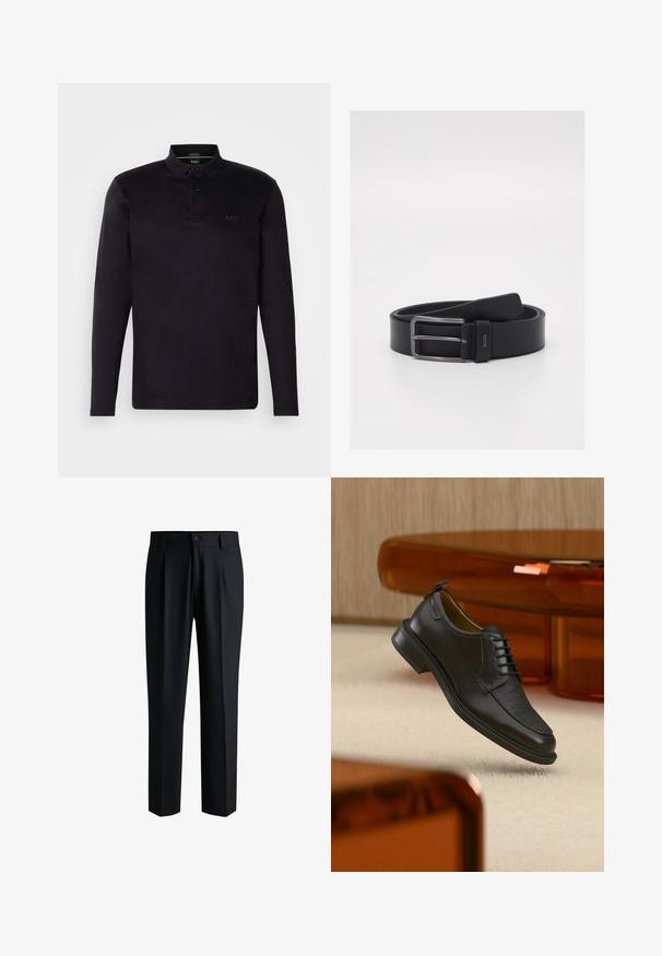 Zwarte poloshirt met lange mouwen van zacht materiaal, met een drie-knopsluiting, kraag en een subtiele "BOSS" logo aan de voorkant.; Zwarte broek van gladde stof, met een rechte pijpdesign, plooien aan de voorkant en een knoopsluiting met riemlussen.; Zwarte leren veterschoen in de stijl van een nette schoen met een gestructureerd vooraanzicht, zwevend boven een beige tapijt in een moderne kamer met amberkleurige meubelen.; Zwarte leren riem met een strakke uitstraling, zilveren metalen gesp en een soepele textuur. Logo detail bij de gesp.