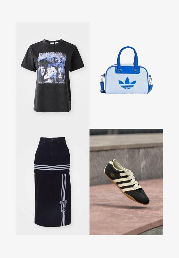 Zwarte katoenen t-shirt met korte mouwen, voorzien van een gewassen grafische druk van personages uit "Buffy the Vampire Slayer" in blauwtinten.; Zwarte spijkerrok met een hoge taille, voorzien van twee witte horizontale strepen, een Adidas logo tag aan de zijkant en een recht gesneden ontwerp.; Zwart sportschoen met crèmekleurige strepen en veters, met een laag profiel, gladde textuur en een rubberen zool voor grip. Merkenlabel zichtbaar.; Blauw-witte handtas met een glanzende afwerking, voorzien van twee blauwe handvaten, een afneembare schouderriem en een opvallend blauw logo aan de voorkant.