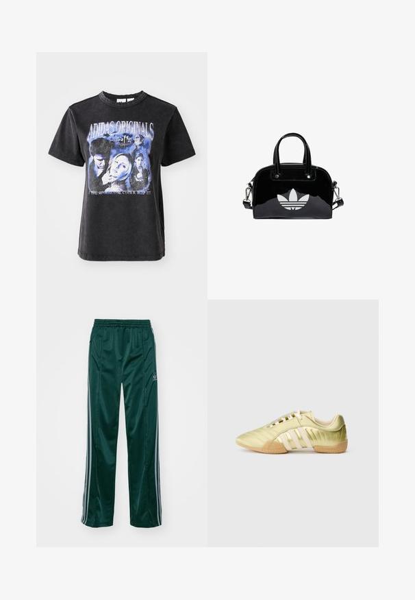 Camiseta de algodón negra de manga corta, con un estampado gráfico lavado de personajes de "Buffy la Cazavampiros" en tonos azules.; Pantalones deportivos de color verde oscuro, hechos de un material brillante, con franjas laterales en gris claro y un logotipo bordado en la pierna izquierda.; Zapatilla deportiva sintética de color verde lima con una textura suave, que presenta tres franjas blancas, un forro interior suave y una suela exterior de goma texturizada.; Bolso de mano de charol negro con forma redondeada, dos asas en la parte superior, acentos plateados y un prominente logotipo blanco en la parte delantera.