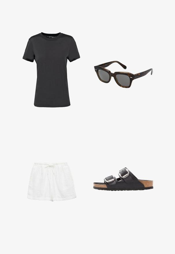 Camiseta de manga corta negra, hecha de tela suave. Presenta un cuello redondo sin patrones ni acentos visibles, ofreciendo un diseño sencillo.; Pantalones cortos de rizo blanco con cintura elástica y cordón ajustable.; Sandal negra con dos correas ajustables, hebillas de plata y una plantilla de corcho sobre una suela de goma negra texturizada.; Gafas de sol rectangulares con montura de plástico de carey, lentes oscuros y acentos plateados en los laterales. Hechas en Italia.