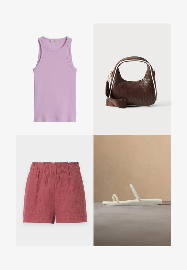 Débardeur sans manches en maille côtelée lavande avec encolure ronde et étiquette Marc O’Polo à l’intérieur du col au dos.; Shorts texturés couleur rose avec taille élastiquée et coupe décontractée, conçus pour un usage quotidien.; Sandale beige minimaliste à deux fines lanières, posée sur un tapis texturé, avec une table ronde en bois et des livres empilés en arrière-plan.; Sac à main en cuir tressé marron avec passepoil blanc, fermeture éclair dorée et bandoulière amovible en tissu marron.