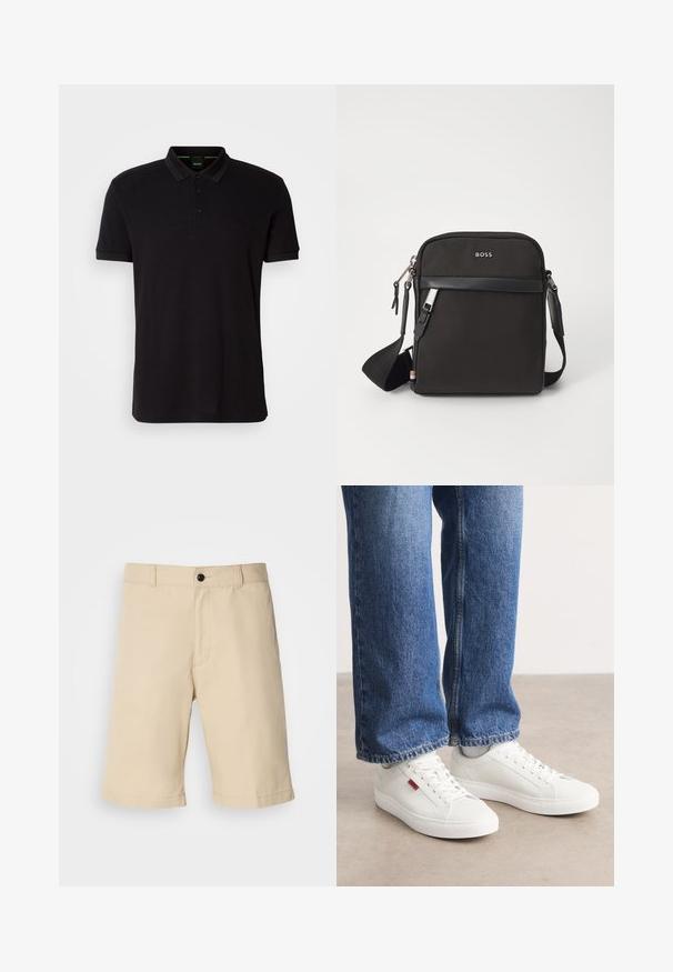 Schwarzes Poloshirt aus weichem Stoff, mit klassischem Kragen, dreiknöpfiger Knopfleiste und gesticktem Logo auf der Brust.; Beige Shorts aus leichtem Stoff, mit flachem Vorderteil, standardgemäßem Bund mit Knopfverschluss und geradem Saum.; Weiße Sneakers mit glatter Oberfläche, runder Spitze und flacher Sohle. Ergänzt durch blaue Jeans im geraden Schnitt mit sichtbaren Nähten.; Schwarze Umhängetasche aus strukturiertem Stoff, mit Logo auf der Vorderseite, Reißverschluss und verstellbarem Tragegurt. Verfügt über eine glatte Lederbesatz.