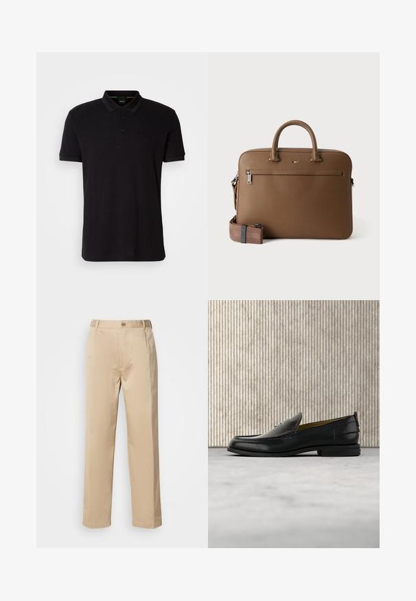 Must must, mis pehmest kangast, klassikalise kraega, kolme nupuga lukuga ning rinnal on tikanditega logo.; Beige püksid, mis on valmistatud kerge materjali, sirge jala disaini, vöökoha, kus on vööaasad, ning ühe esise nupu kinnitusega.; Meeste mustast nahast mokassiin, mille pealiskihil on krokodillinahast muster ja madal konts, esitletud profiilis neutraalsel taustal.; Pruun nahast portfell pealsete käepidemetega, esikülje tõmblukk-tasku ja eemaldatava sobiva õlarihmaga valgel taustal.