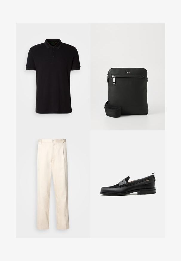 Schwarzes Poloshirt aus weichem Stoff, mit klassischem Kragen, dreiknöpfiger Knopfleiste und gesticktem Logo auf der Brust.; Beige Baumwollhose mit geradem Bein, ausgestattet mit einem Knopfverschluss und Falten an der Vorderseite für zusätzliche Details.; Schwarzer Lederloafer mit grauem Riemendetail, niedrigem Absatz und strukturierter Sohle, seitlich mit „HUGO“ in Gold gebrandmarkt.; Schwarze Leder-Umhängetasche mit flachem Design, strukturierter Oberfläche, Reißverschluss, Vordertasche und verstellbarem Stoffriemen.