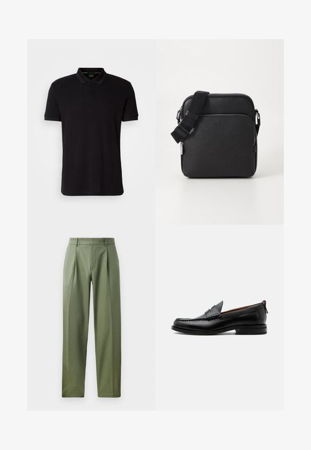 Schwarzes Poloshirt aus weichem Stoff, mit klassischem Kragen, dreiknöpfiger Knopfleiste und gesticktem Logo auf der Brust.; Maßgeschneiderte Hose aus olivgrünem Stoff mit glatter Textur, ausgestattet mit zwei vorderen Falten, Gürtelschlaufen und geradem Bein.; Schwarzer Leder-Herrenschuh mit Mokassinnaht, Penny-Riemen, strukturiertem Kragen und niedrigem gestapeltem Absatz auf weißem Hintergrund.; Schwarze Leder-Crossbody-Tasche mit strukturierter Oberfläche, ausgestattet mit einer vorderen Reißverschlusstasche, verstellbarem Riemen und metallenen Hardware-Details.