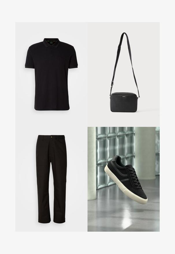 Polo shirt noir en tissu doux, avec un col classique, une patte de boutonnage à trois boutons et un logo brodé sur la poitrine.; Pantalon en coton noir avec une coupe droite, des passants de ceinture, une fermeture éclair à l'avant et un seul bouton. Texture lisse sans motifs visibles.; Baskets basses noires avec semelle et lacets blancs, de la marque "BOSS", flottant à l'intérieur près de fenêtres en blocs de verre et de piliers en béton.; Sac bandoulière rectangulaire noir avec sangle réglable et logo BOSS sur le devant, sur un fond clair uni.