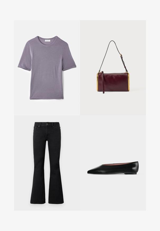 Lila Kurzarm-T-Shirt aus weichem Stoff, mit Rundhalsausschnitt und geradem Saum, glatter Textur und ohne sichtbare Muster.; Schwarze High-Waist-Jeans mit vorderer Knopf- und Reißverschlussverschluss, zwei vorderen Taschen und weitem Bein, flach auf weißem Hintergrund ausgelegt.; Schwarzer flacher Damenleder-Schuh mit spitzer Kappe und niedrigem Absatz, von der Seite auf einfarbigem hellgrauem Hintergrund gezeigt.; Zylindrische Schultertasche aus burgunderfarbenem Leder mit goldfarbenen Metallrahmenakzenten und verstellbarem schwarzem Riemen auf hellgrauem Hintergrund.