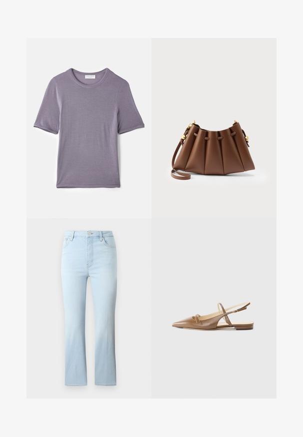 Lilla lühikeste varrukatega T-särgid pehmest kangast, ümmarguse kaelusega ja sirge servaga, sile tekstuur ja ilma nähtavate mustriteta.; FRAME THE REBOOT CROP - Bootcut-teksad - light blue; Pruunist nahast slingback kingad terava ninaga, kahe kitsas rihmaga ja madala kontsaga. Sile tekstuur poleeritud viimistlusega.; Pruun volditud nahast käekott reguleeritava rihma ja kuldse tõmmitsa detailidega neutraalsel taustal.