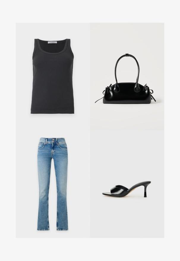 Débardeur noir côtelé sans manches avec encolure ronde et logo discret en relief "Copenhagen Studios" sur la poitrine.; Jean en denim bleu clair avec une taille haute, deux boutons devant et un léger effet délavé au niveau des cuisses et des genoux.; Mules à talons hauts en cuir noir avec un design à bout ouvert et une large sangle supérieure incurvée. Texture lisse et silhouette élégante.; Petit sac à main noir brillant avec deux longues anses et des détails à cordon sur les côtés sur un fond clair uni.
