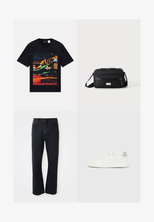 Zwarte T-shirt met korte mouwen met kleurrijke vervaagde neonlichten grafiek, inclusief een ster met het cijfer één en gedeeltelijke rode tekst "sneller".; Zwarte denim jeans met een rechte pijp, hoge taille, knoopsluiting en subtiele stiksels langs de zakken en naden.; Witte lage sneaker met grijze hielpatch, witte veters en een gestructureerde zool, gepresenteerd op een effen lichte achtergrond.; Zwarte rechthoekige crossbodytas met voorvak met ritssluiting, verstelbare schouderband en zilveren rechthoekige logo-plaat op effen achtergrond.