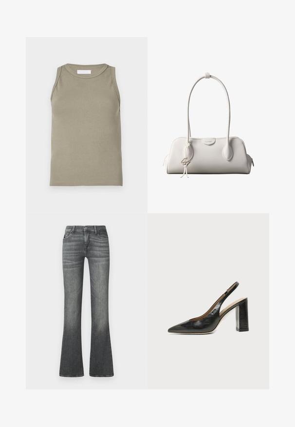 Débardeur côtelé vert olive, avec un col rond et un design sans manches. Confectionné en matière douce et extensible avec une silhouette ajustée.; Jean gris évasé en denim, avec une taille mi-haute, un léger délavage et un design classique à cinq poches.; Chaussure slingback en cuir noir à bout pointu avec un talon bloc haut et une doublure intérieure beige sur un fond clair uni.; Sac à bandoulière blanc Calvin Klein avec longues poignées, forme rectangulaire, fermeture éclair et charm logo décoratif suspendu près de la poignée.
