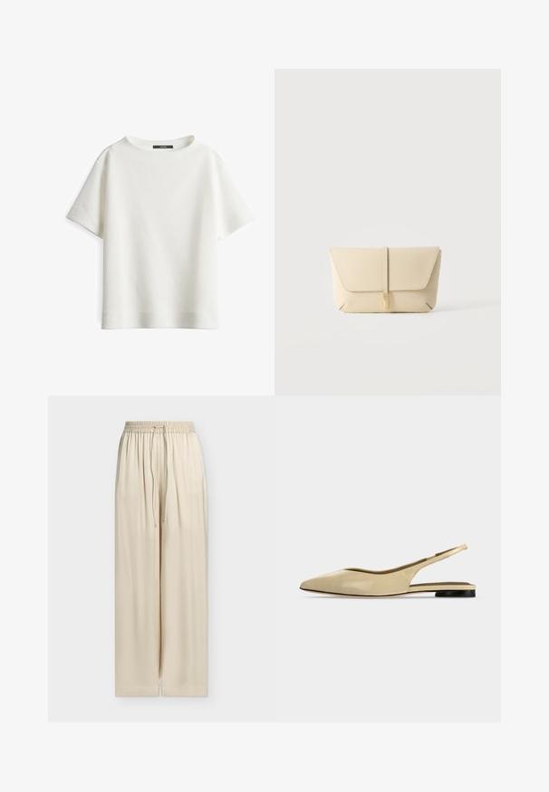 Witte kortogige top met een gewatteerde textuur, ronde halslijn en een losse pasvorm. Eenvoudig ontwerp zonder zichtbare patronen of versieringen.; Losse beige broek met wijde pijpen, elastische tailleband en trekkoord, gladde stof, rechte zoom en zonder zichtbare zakken of patronen.; Beige platte slingback schoen met puntige neus, lage zwarte hak en een glad leren afwerking, zijaanzicht op een effen achtergrond.; Beige leren clutch met een voorflap en een verticale riemsluiting, tegen een effen lichte achtergrond.