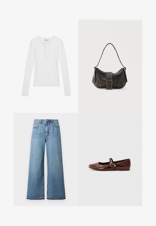 Camisa blanca de manga larga con textura acanalada, escote redondeado, tapeta de tres botones y tejido suave. Etiqueta de la marca visible en el cuello.; Jeans de mezclilla azul claro de cintura alta con piernas anchas, cierre frontal con botones y cremallera, y diseño de cinco bolsillos.; Bailarina de charol marrón con punta cuadrada y tira que presenta una pequeña hebilla dorada. Textura suave, tacón bajo y diseño minimalista.; Bolso de hombro de cuero negro con detalle de correa con hebilla, bordes curvos y costuras blancas en contraste sobre un fondo liso.