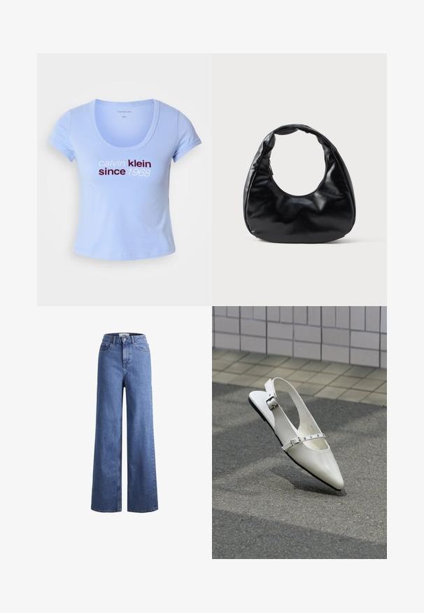 Svetlomodré bavlnené tričko s krátkymi rukávmi, s výstrihom do tvaru lode a textom "calvin klein since 1968" v tmavočervenej a bielej farbe na prednej strane.; Svetlomodré deninové nohavice s širokými nohavicami a vysokým pásom, dve predné vrecká a viditeľné švy. Obsahuje tiež uzatváranie na gombík a zips.; Biela špicatá slingback plochá topánka s dvoma striebornými prackami, zobrazená vonku na textúrovanej zemi a dlaždicovej stene v pozadí.; Čierna kabelka z umelého kože s jedinečným polkruhovým tvarom, širokým, polstrovaným uchom a zipsovým uzáverom. Hladká, lesklá textura, minimalistický dizajn.
