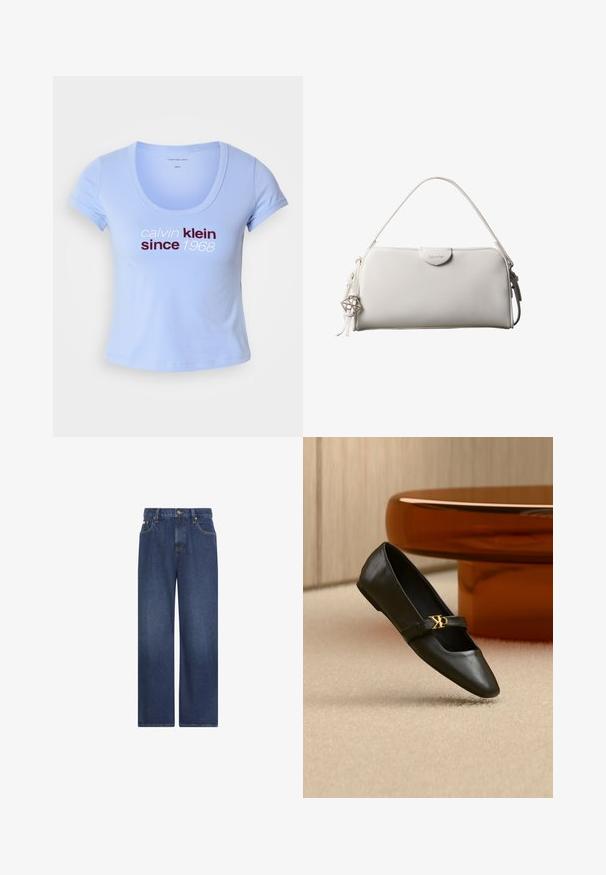 Camiseta de algodón azul clara con mangas cortas, escote redondeado y el texto "calvin klein desde 1968" en rojo oscuro y blanco en el frente.; Vaqueros de mezclilla azul oscuro de pierna ancha con bolsillos delanteros, trabillas para cinturón y cierre de botón en la cintura sobre un fondo blanco.; Zapato plano de cuero negro con puntera puntiaguda y logo dorado de CK en la correa, colocado sobre una alfombra beige cerca de una mesa redonda marrón ámbar.; Bolso rectangular blanco de Calvin Klein con un solo asa, diseño minimalista y borlas decorativas con un charm metálico geométrico en el lateral.