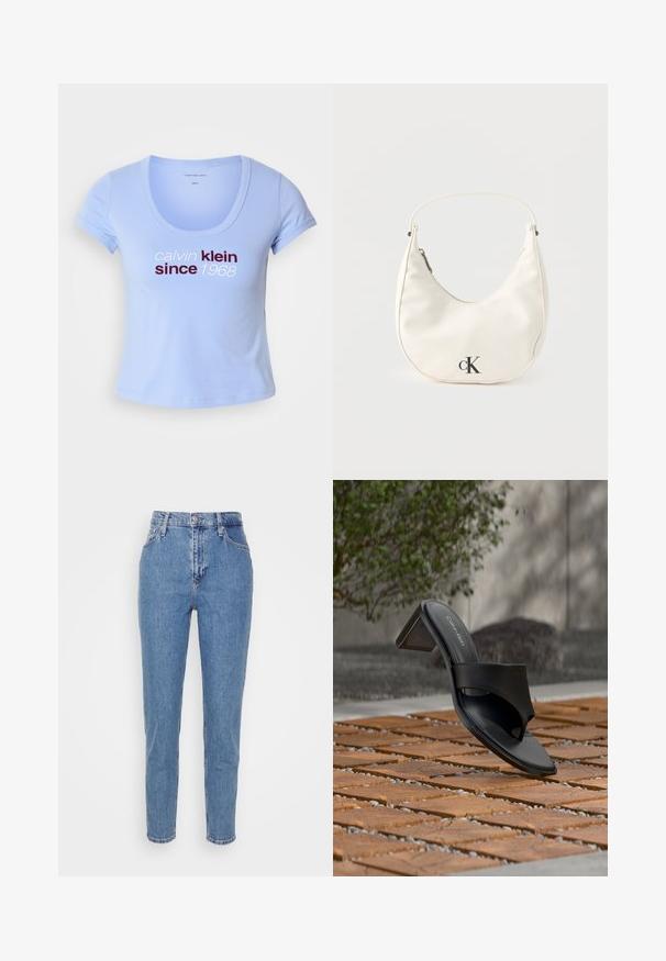 Svetlomodré bavlnené tričko s krátkymi rukávmi, s výstrihom do tvaru lode a textom "calvin klein since 1968" v tmavočervenej a bielej farbe na prednej strane.; Modré vysoko sohnuté rovné nohavice s predným gombíkom a zipsom, pútka na opasok a vrecká, vystavené na jednoduchom bielom pozadí.; Čierna sandála Calvin Klein na podpätku s prstovou slučkou na drevenej dlažbe vonku pri strome a kamennom múre.; Malá biela kabelka v tvare polmesiaca s krátkym remienkom, zapínaním na zips a čiernym logom "cK" na prednej strane.