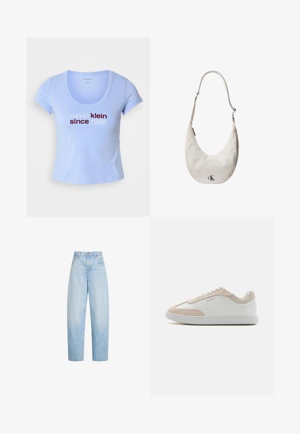 Svetlomodré bavlnené tričko s krátkymi rukávmi, s výstrihom do tvaru lode a textom "calvin klein since 1968" v tmavočervenej a bielej farbe na prednej strane.; Svetlomodré rifle s vysokým pásom a rovnými nohavicami, s prednými vreckami, pútkami na opasok a zapínaním na gombík.; Biele kožené tenisky s béžovými semišovými akcentmi a bielymi šnúrkami. Majú okrúhlu špičku a mäkkú podrážku pre pohodlie.; Biely kožený ramenný vak v tvare polmesiaca s nastaviteľným remienkom, zipsovým uzáverom a čiernym logom Calvin Klein na prednej strane.