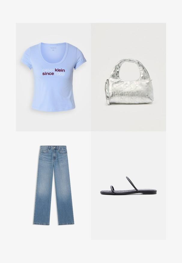 Vaaleansininen puuvillapaita, jossa on lyhyet hihat, pyöreä pääntie ja "calvin klein since 1968" -teksti tummanpunaisena ja valkoisena edessä.; Vaaleansiniset suoralahkeiset farkut, joissa etu- ja takataskut, napillinen kiinnitys ja haalistuneet yksityiskohdat reisissä ja polvissa.; Musta litteä sandaali, jossa ohut tikattu pohja ja kaksi kapeaa hihnaa varpaiden ja jalkapöydän keskiosan yli, esitetty sivuprofiilissa valkoisella taustalla.; Hopea käsilaukku, jossa on kuviollinen pintakuvio koostuen geometrisista muodoista ja ympyröistä, varustettu pyöreällä kahvalla ja irrotettavalla hihnalla.